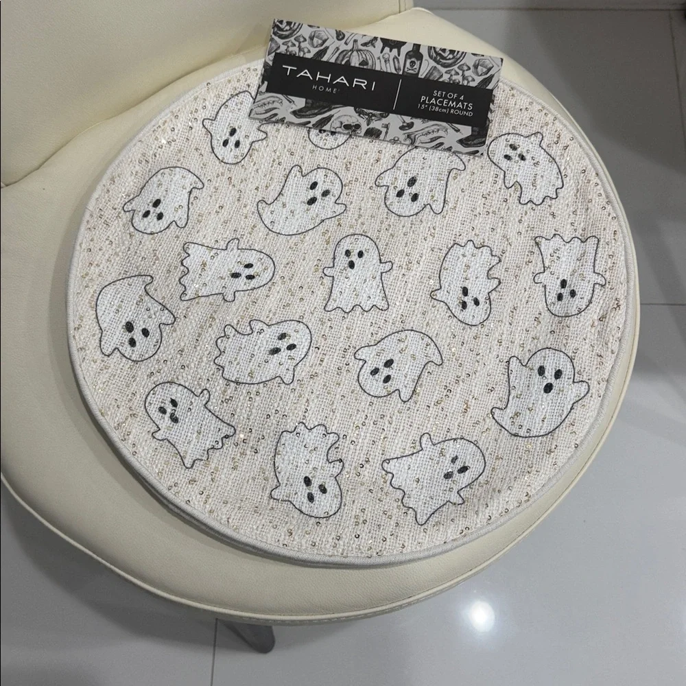 Tahari Home Halloween Beige/White & Sparkly Gold  Ghost Set of 4 Round Placemats